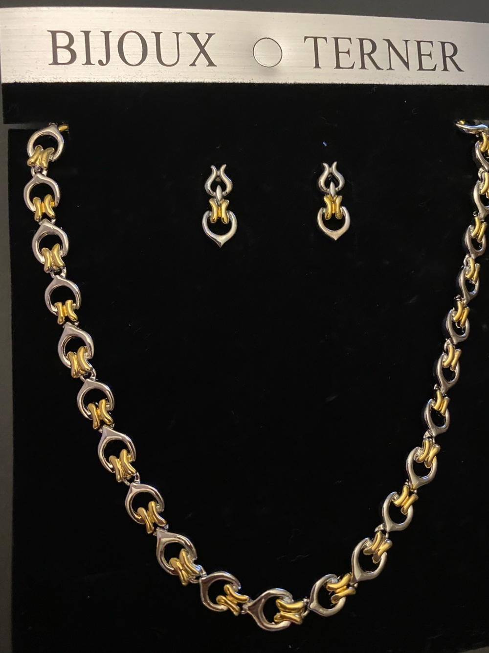 VTG Two-Tone Gold & Silver Chunky Necklace Matching Earrings Set Bijoux Terner